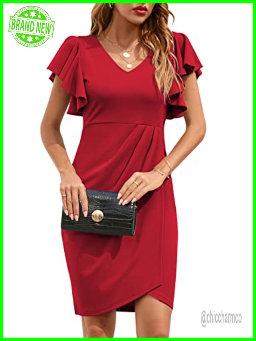 Women's V Neck Ruffle Sleeve Bodycon Sheath Wrap Ruched Cocktail Knee-Length